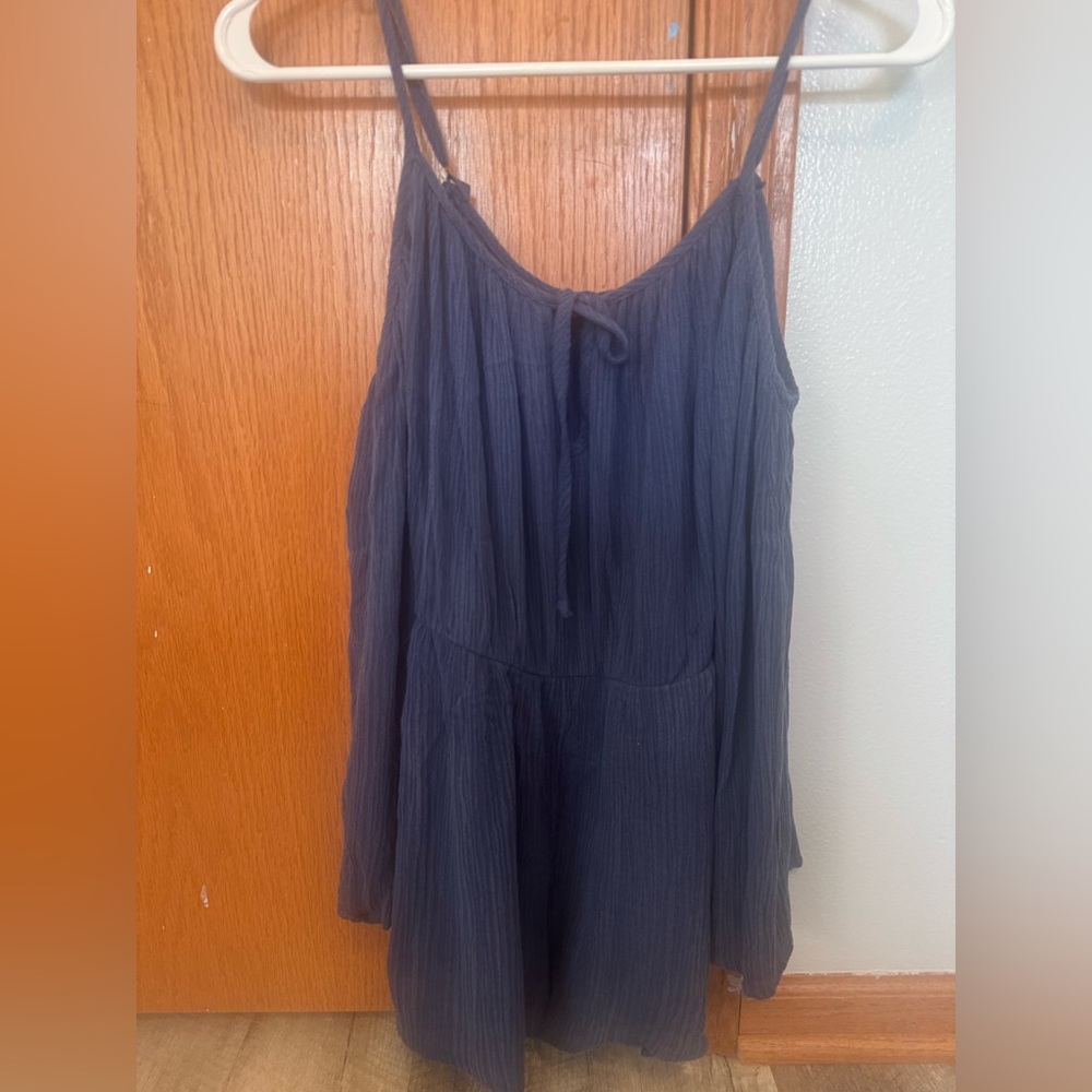 See you Monday, size, small, navy romper, cut out shoulder flare, long sleeve